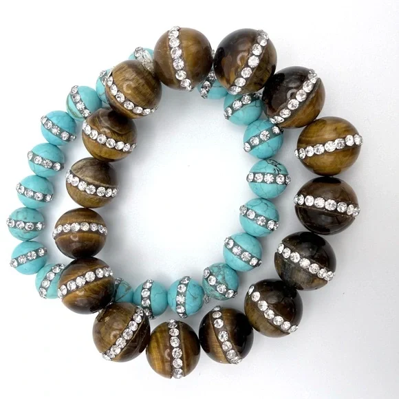 Turquoise Color & Tiger's Eye Bead Stretch Bracelets w/Banded Rhinestone Inlay - Picture 2 of 7